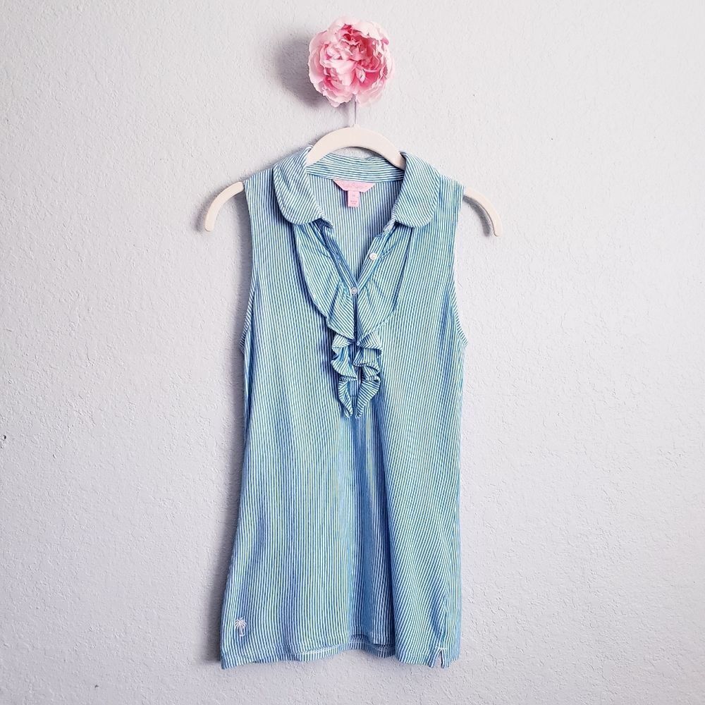 Lilly Pulitzer Blue and White Striped Ruffle Quarter Buttondown Sleeveless Top